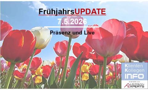FrühjahrsUPDATE 2026 am 7.5.2026 – Präsenzveranstaltung und Live-Stream, Seminar der Klienten- und KollegenINFO mit Tulpenmotiv.